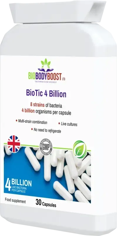 BioTic 4 Billion angled view — multi-strain live culture probiotic for gut flora support, BioBodyBoost UK