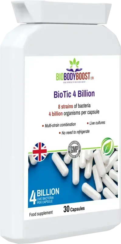 BioTic 4 Billion front-angle view highlighting multi-strain probiotic formula for digestive and immune health