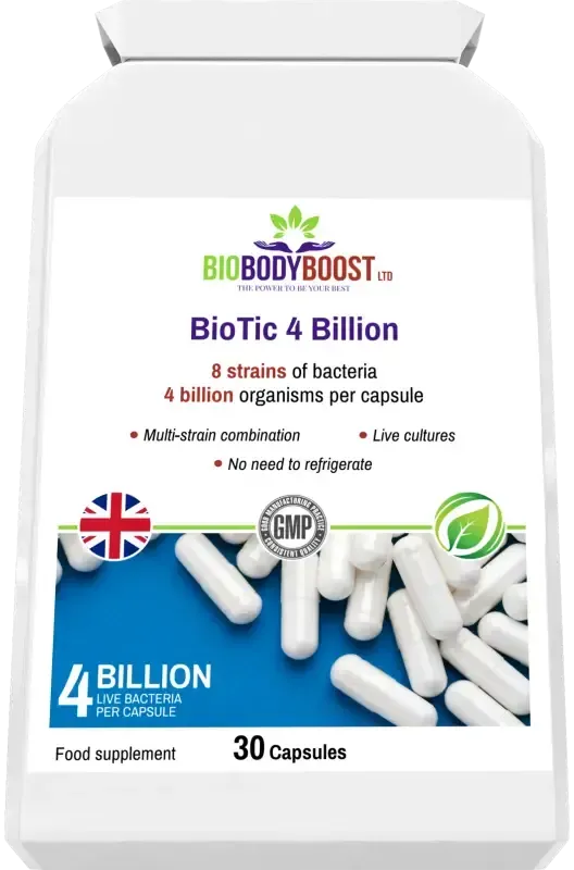 BioTic 4 Billion Multi-Strain Probiotic — 4 billion live cultures for gut health, immunity and digestive balance, 60 vegan capsules, BioBodyBoost UK
