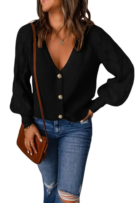 Bishop sleeve button v neck sweater - sweaters & cardigans