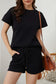 Black 2pcs shorts set - solid textured drawstring - two piece sets