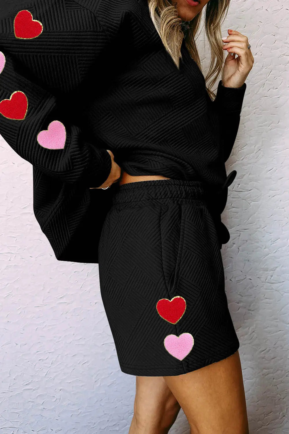 Black 2pcs solid textured drawstring shorts set - loungewear