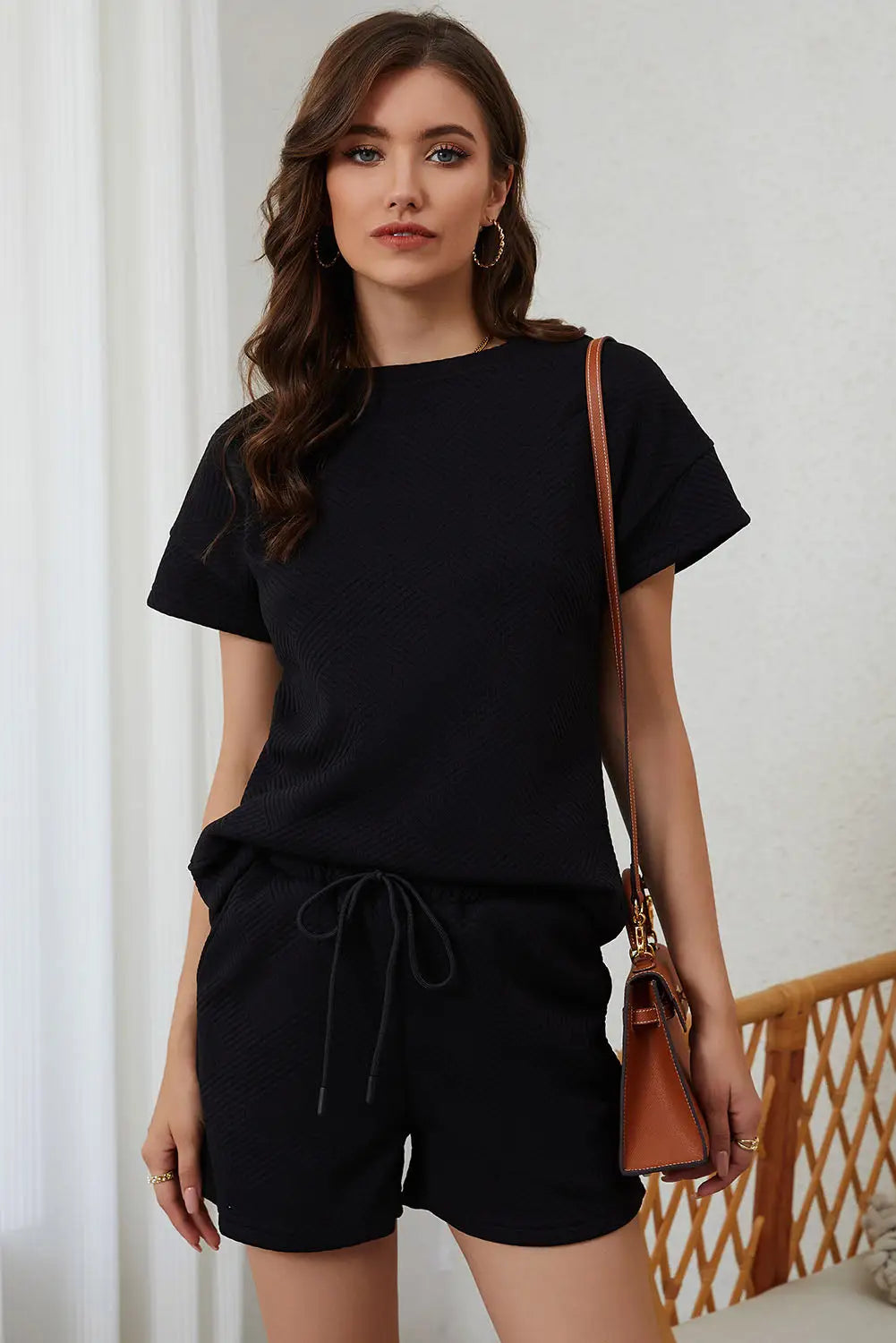 Black 2pcs solid textured drawstring shorts set - loungewear