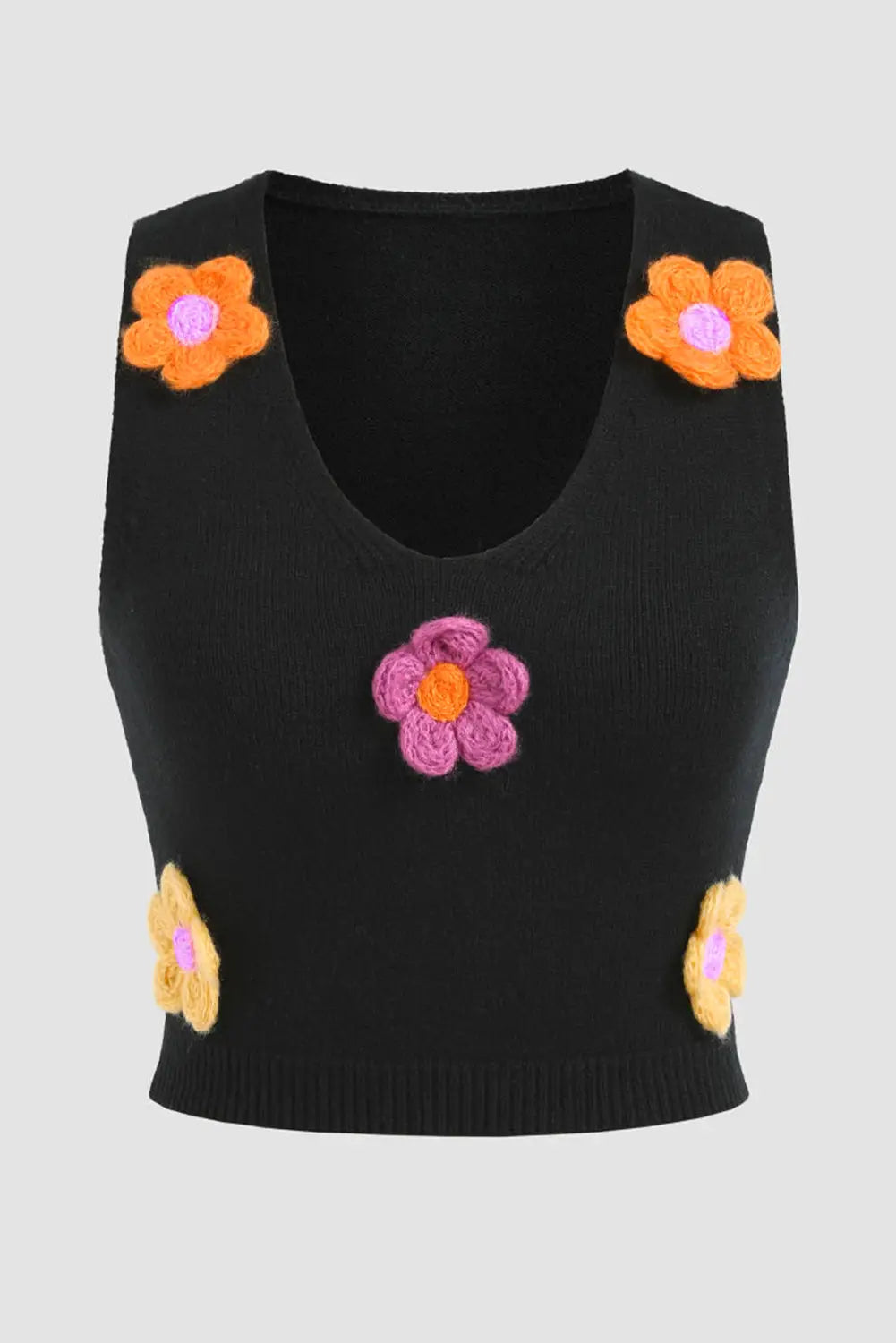 Black 3d flower decor knit tank top - tops