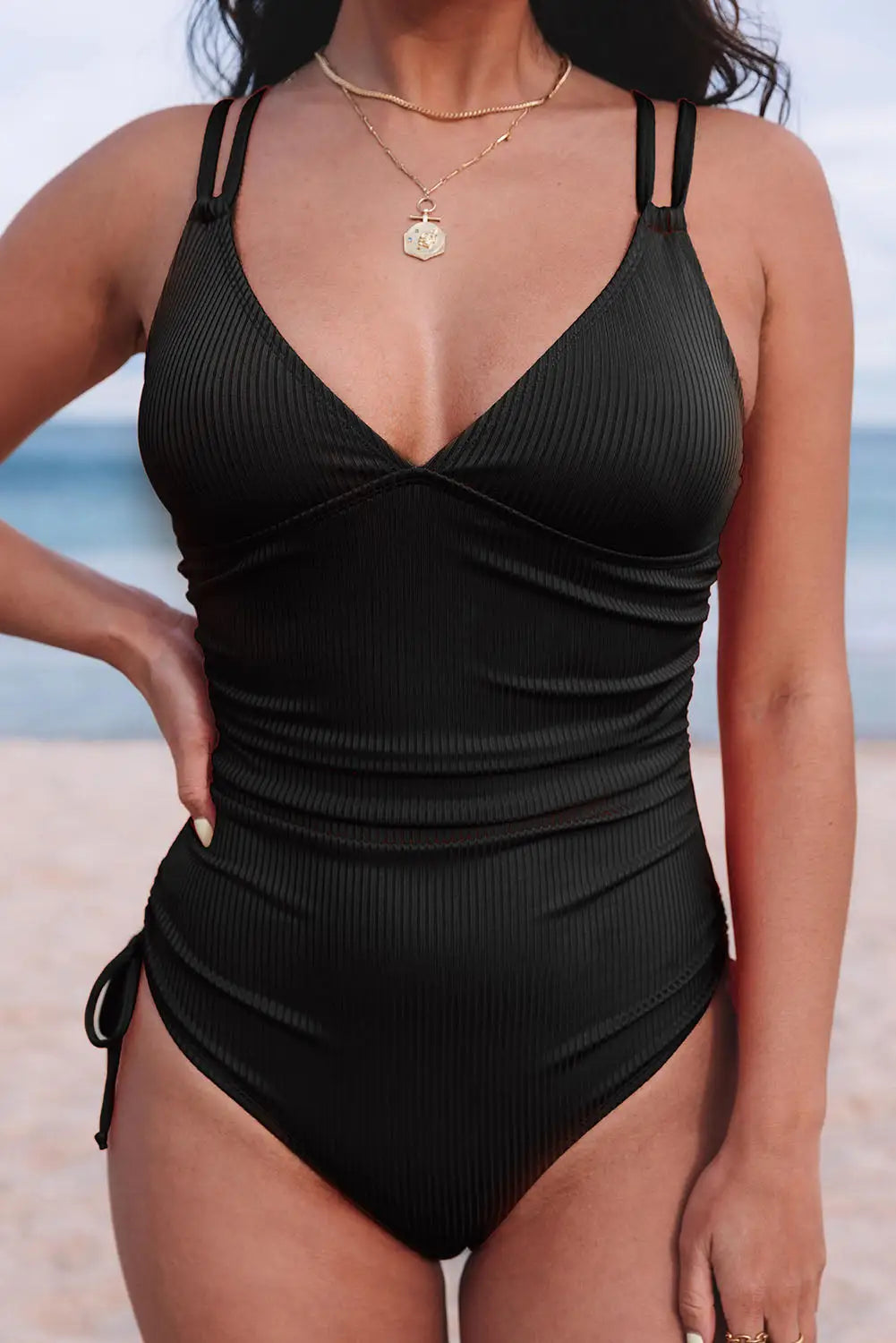 Black adjustable straps ribbed knit one piece swimsuit - swimsuits