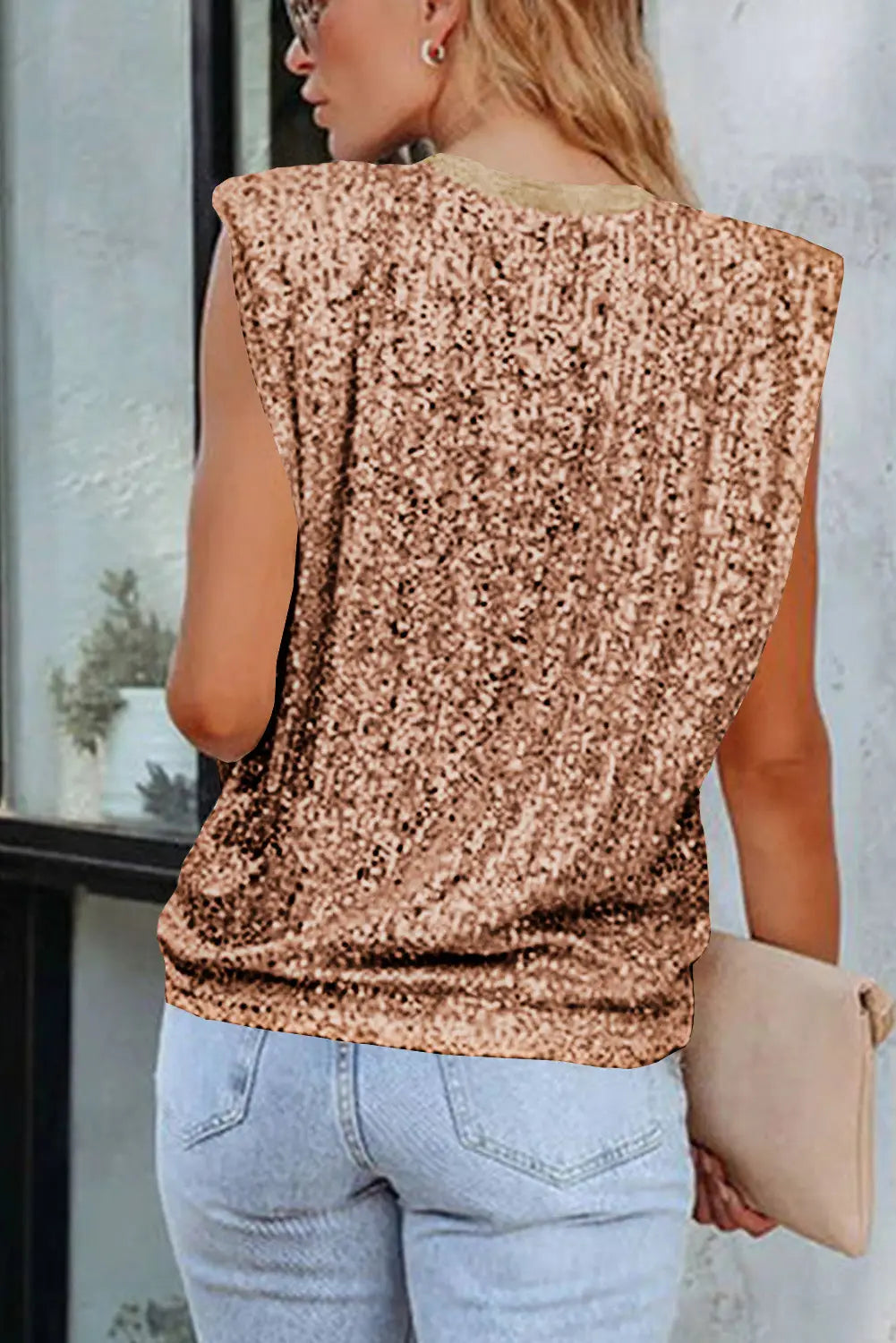 Black apricot sequin round neck tank top - tops
