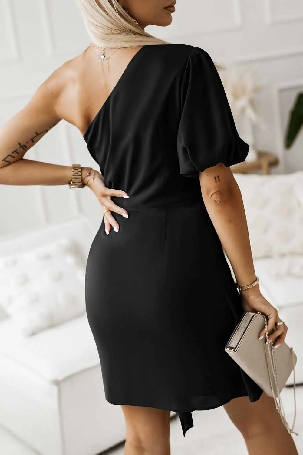 Black asymmetric bubble sleeve twist knot wrap dress - mini dresses