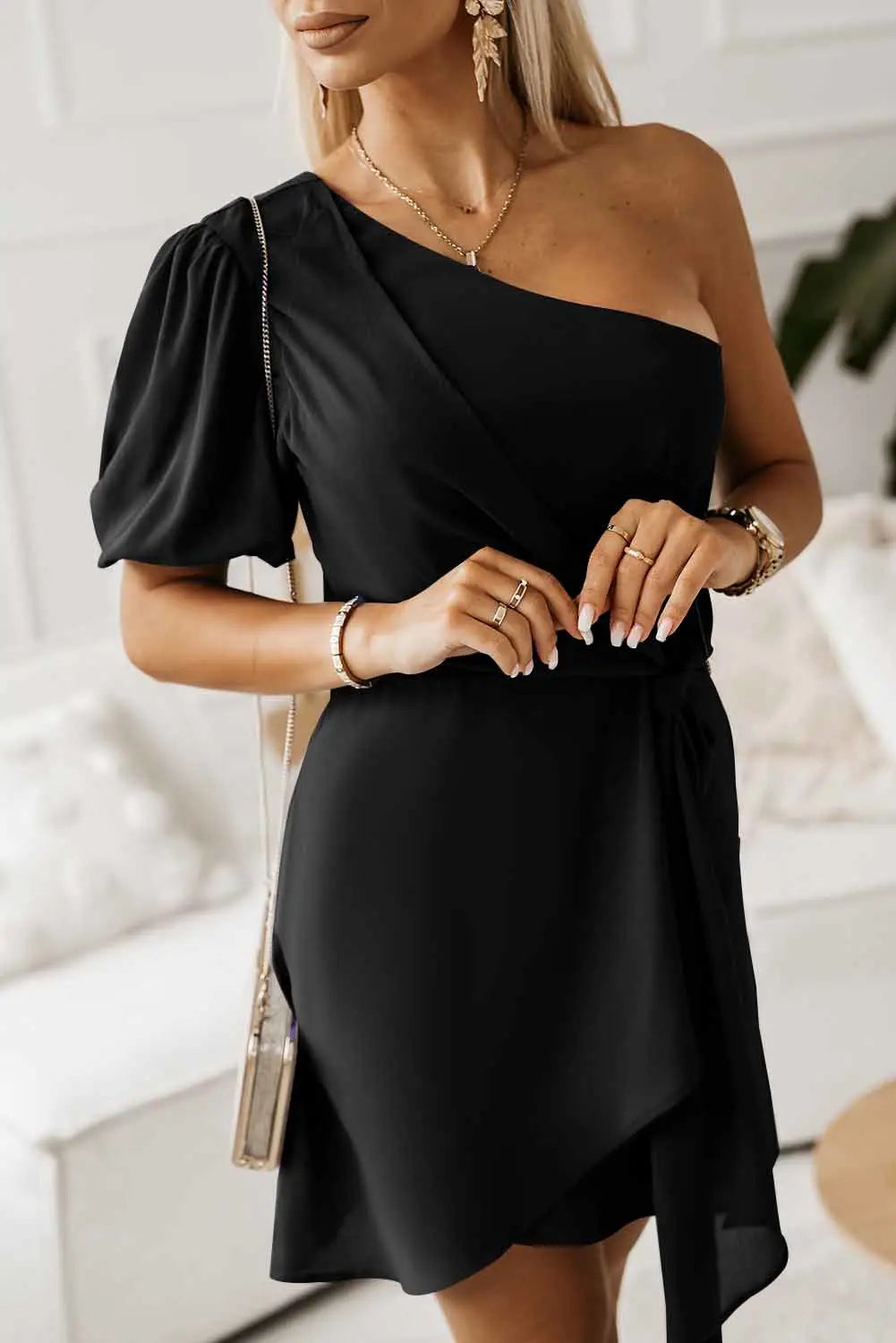 Black asymmetric bubble sleeve twist knot wrap dress - s 100% polyester mini dresses