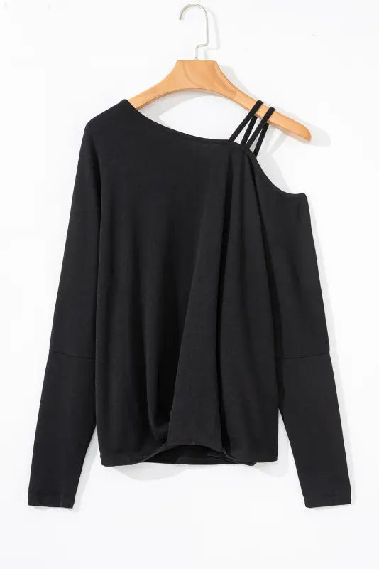 Black asymmetric strappy cold shoulder long sleeve top