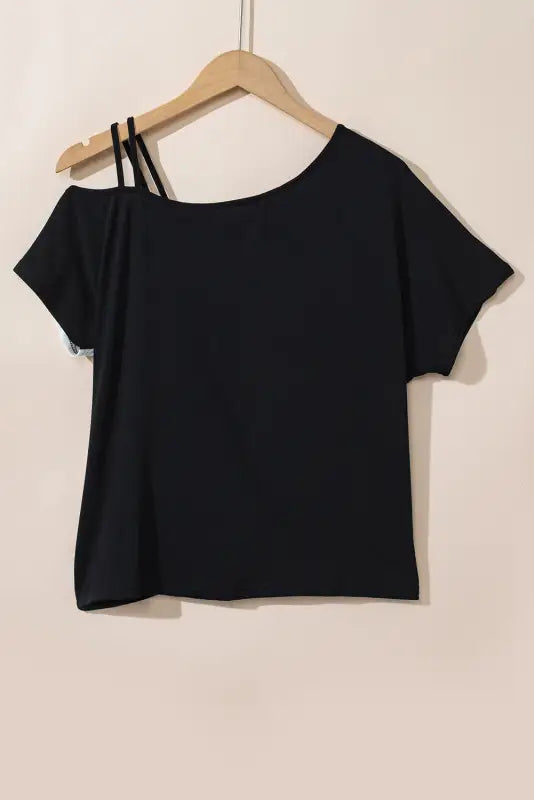 Black asymmetric strappy cold shoulder long sleeve top