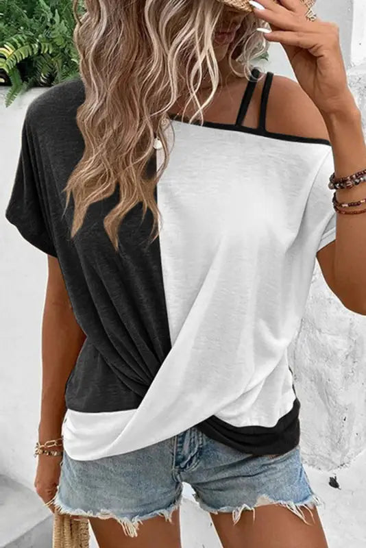 Black asymmetric strappy cold shoulder long sleeve top