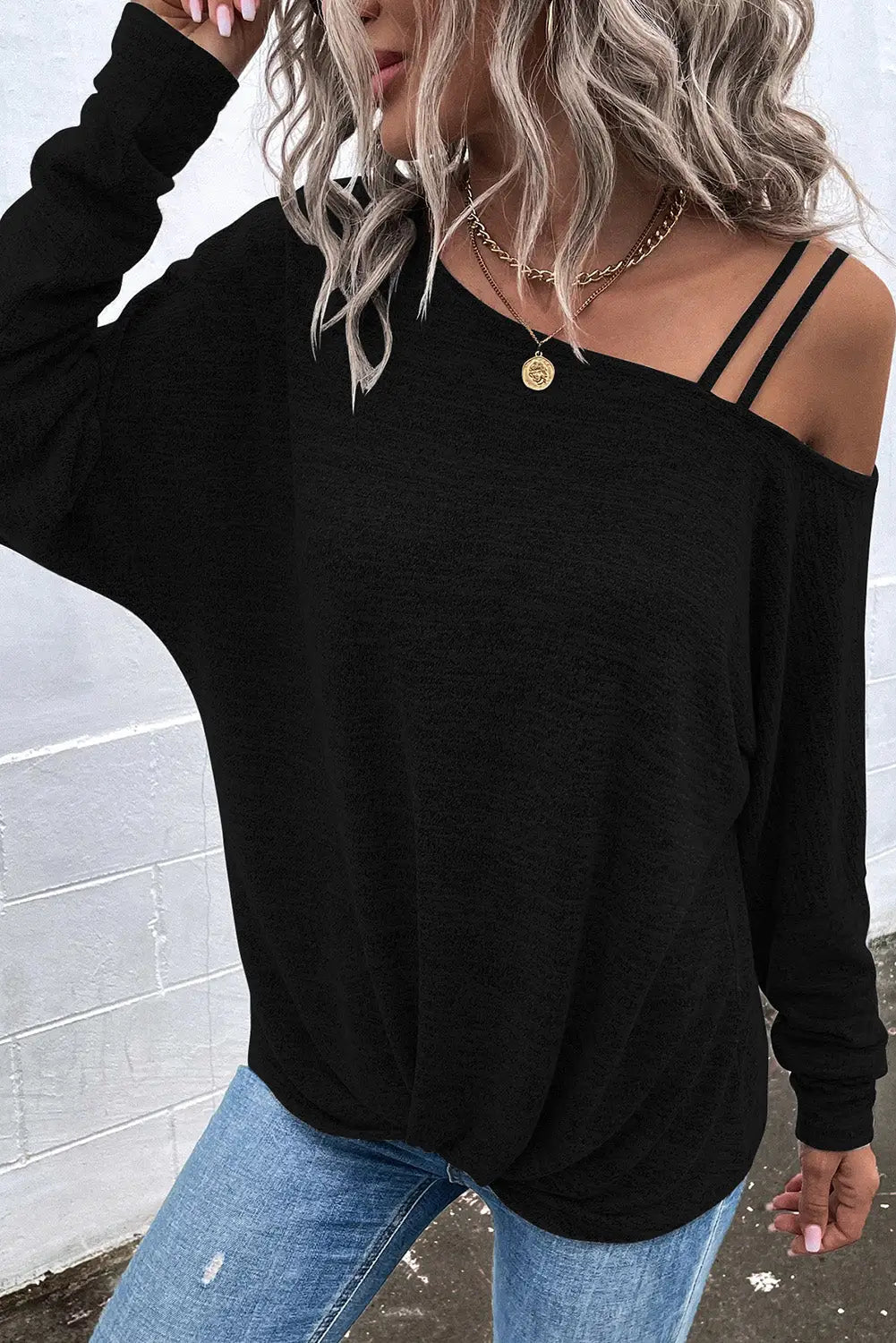 Black asymmetric strappy cold shoulder long sleeve top - tops