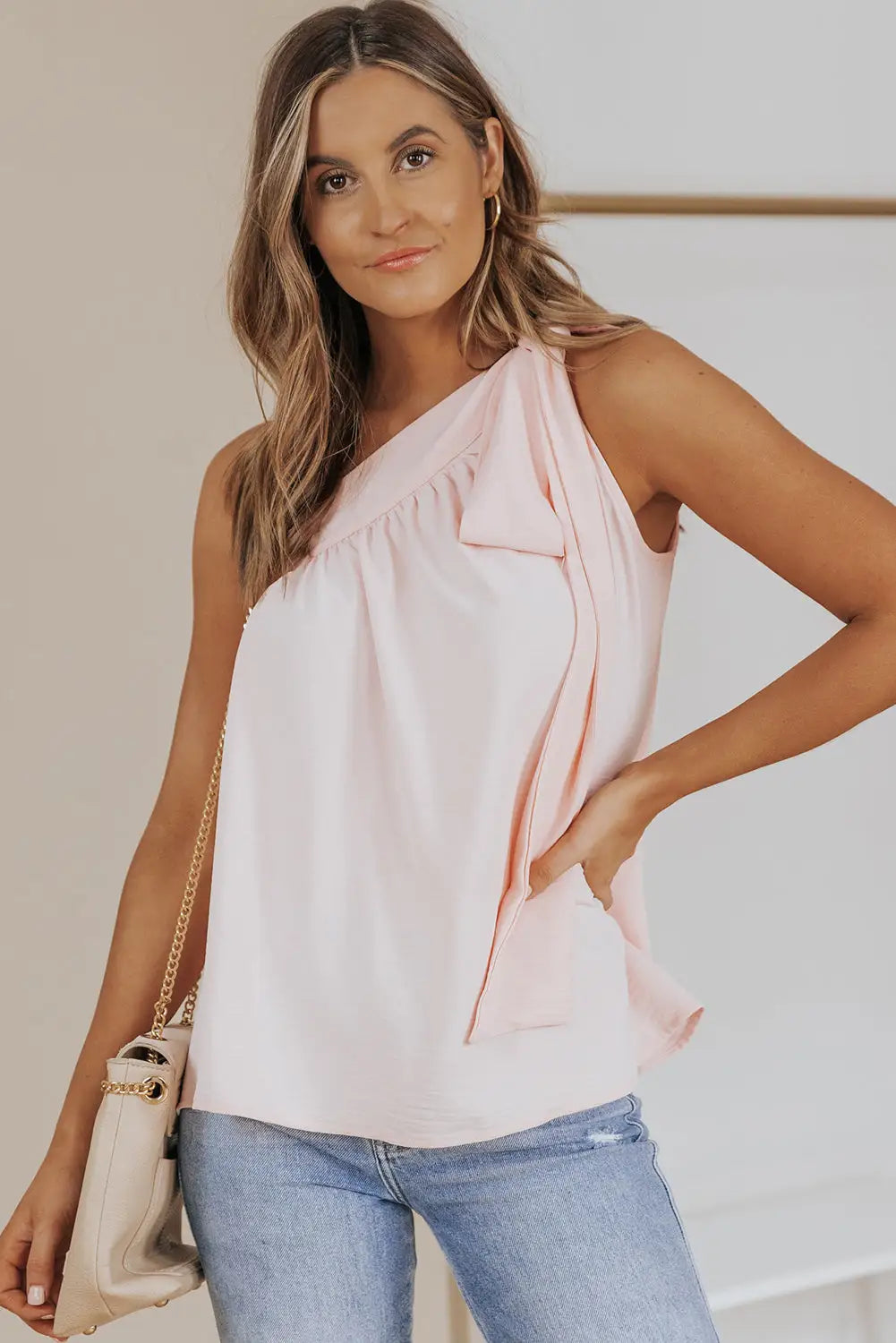 Black asymmetric tie on shoulder sleeveless top - pink / s / 100% polyester - tank tops