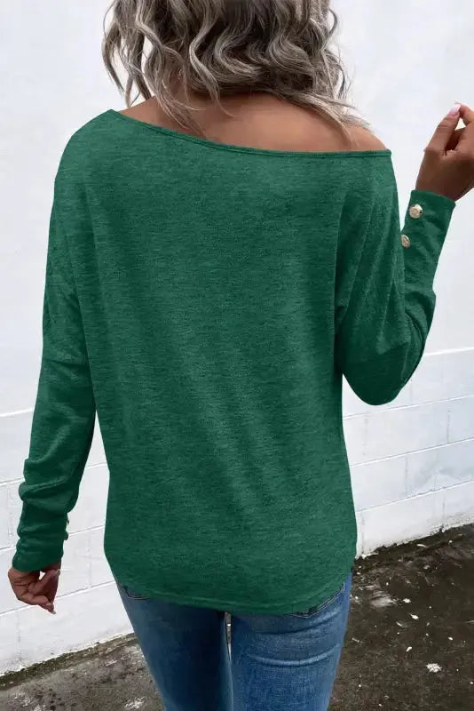 Black Asymmetrical Long Sleeve Top - Cut-Out & Buttoned Style - Fashionfitz