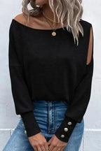 Black Asymmetrical Long Sleeve Top - Cut-Out & Buttoned Style - Fashionfitz