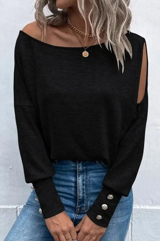 Black asymmetrical cut out buttoned long sleeve top - tops