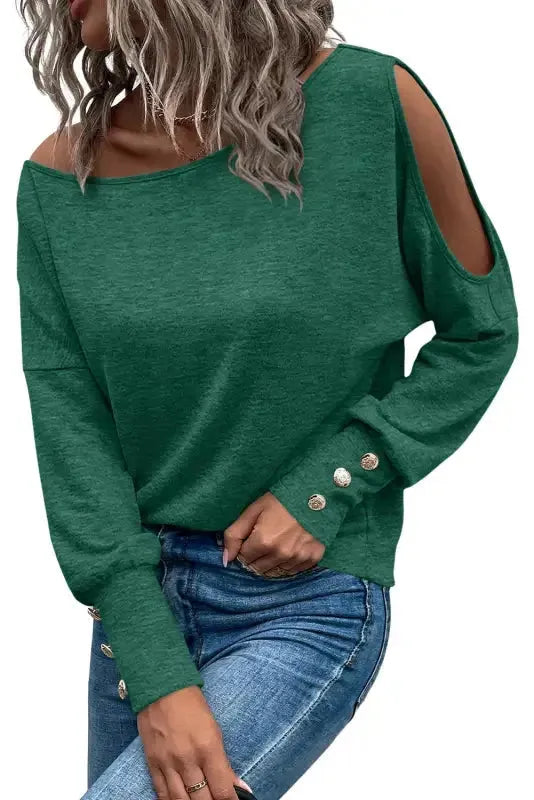 Black Asymmetrical Long Sleeve Top - Cut-Out & Buttoned Style - Fashionfitz