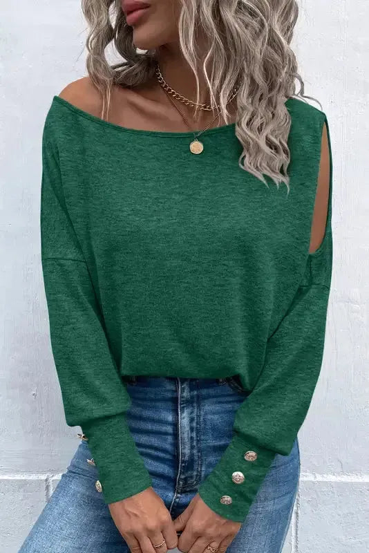 Black Asymmetrical Long Sleeve Top - Cut-Out & Buttoned Style - Fashionfitz