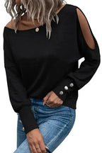 Black Asymmetrical Long Sleeve Top - Cut-Out & Buttoned Style - Fashionfitz
