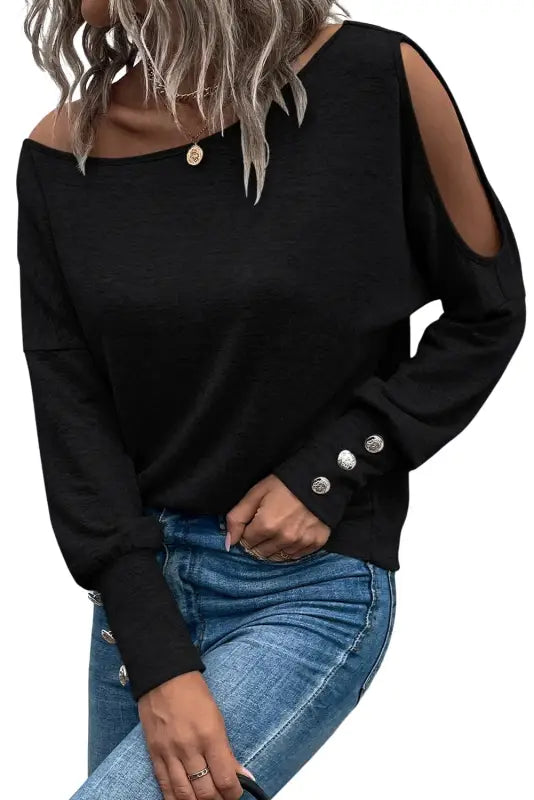 Black asymmetrical cut out buttoned long sleeve top - tops