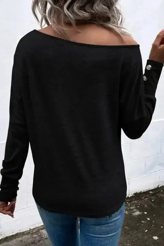 Black Asymmetrical Long Sleeve Top - Cut-Out & Buttoned Style - Fashionfitz