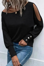 Black Asymmetrical Long Sleeve Top - Cut-Out & Buttoned Style - Fashionfitz