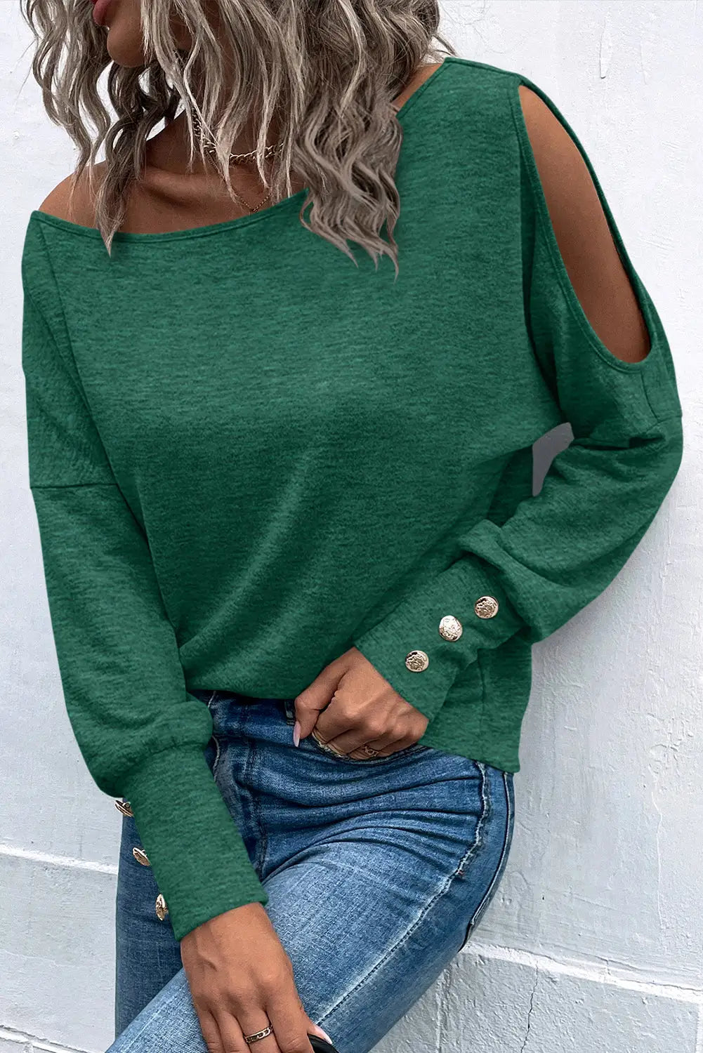 Black asymmetrical cut out buttoned long sleeve top - green / s / 65% polyester + 30% viscose + 5% elastane - tops