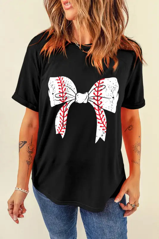 Black baseball bowknot graphic casual tee - tees