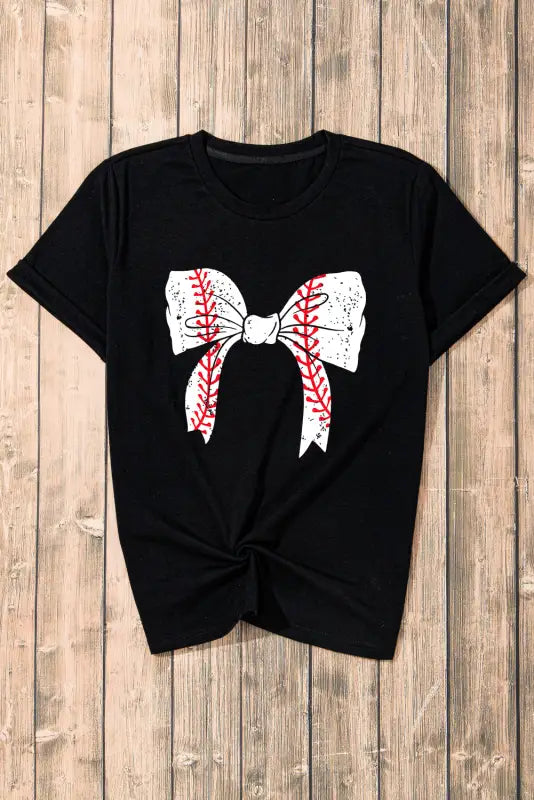 Black baseball bowknot graphic casual tee - tees