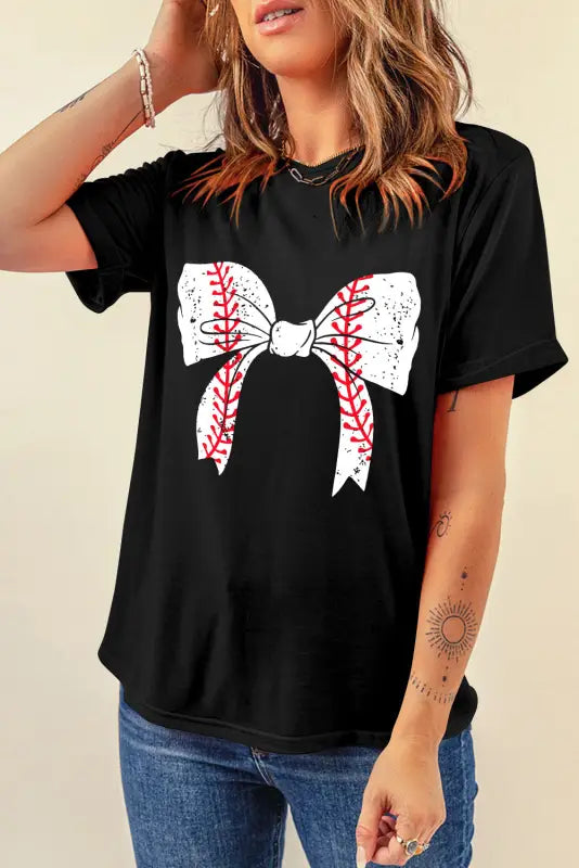 Black baseball bowknot graphic casual tee - tees