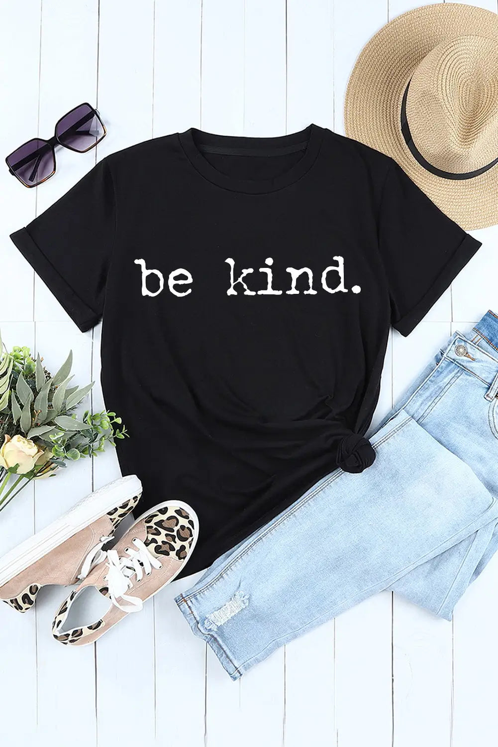 Black be kind letter print round neck casual t shirt - graphic t-shirts