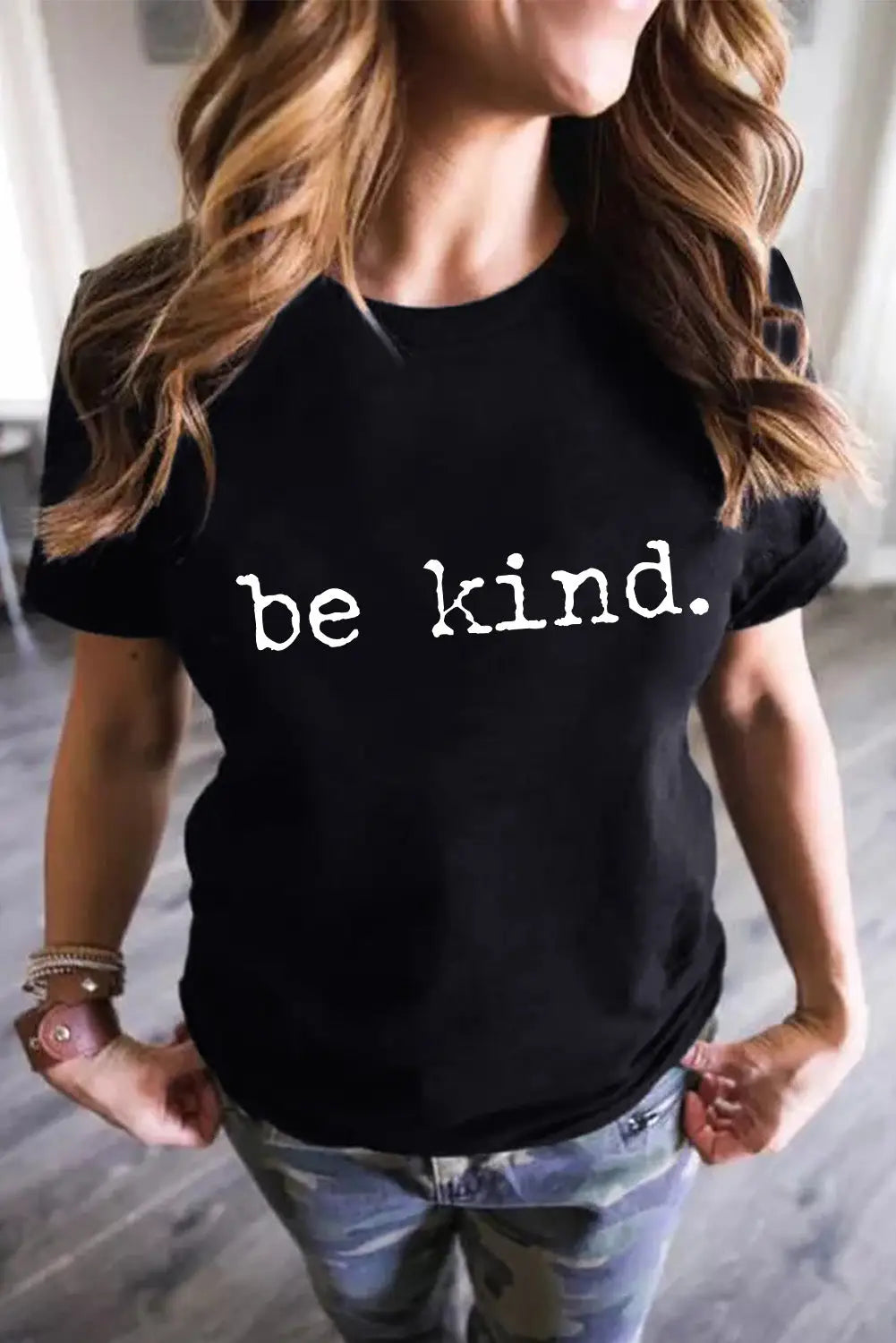 Black be kind letter print round neck casual t shirt - s 62% polyester + 32% cotton + 6% elastane graphic t - shirts