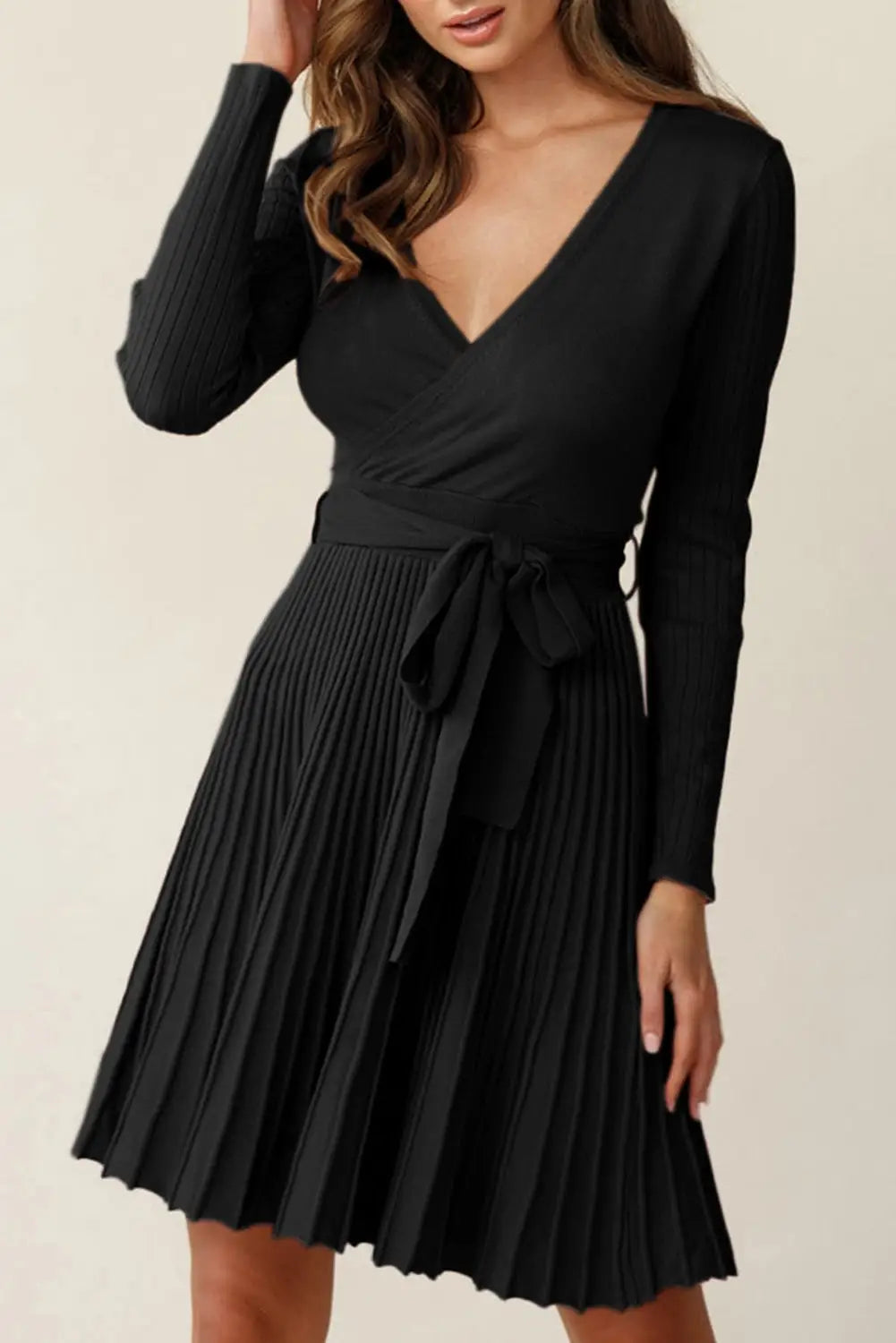 Black belted v neck ribbed pleated sweater dress - s /