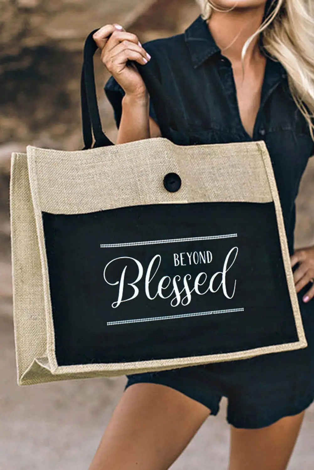 Black beyond blessed printed vintage burlap bag - one size /