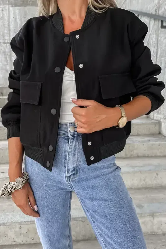 Black Big Pockets Baseball Collar Jacket - Fashionfitz