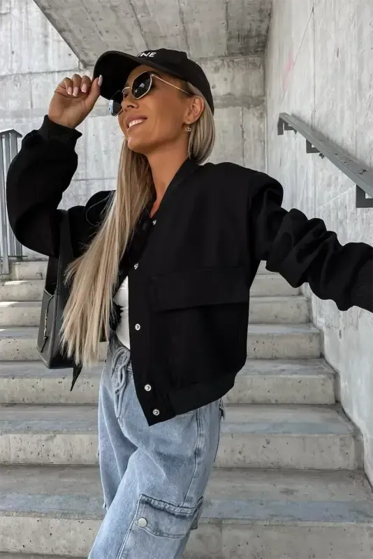 Black Big Pockets Baseball Collar Jacket - Fashionfitz