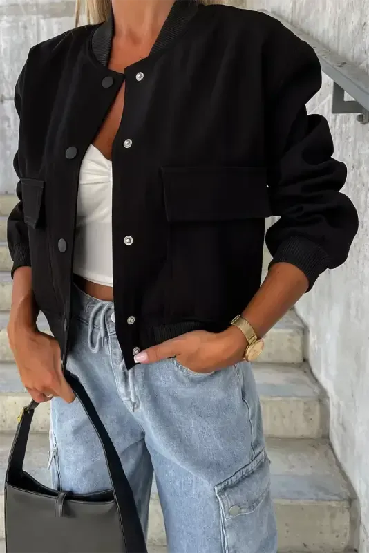 Black Big Pockets Baseball Collar Jacket - Fashionfitz