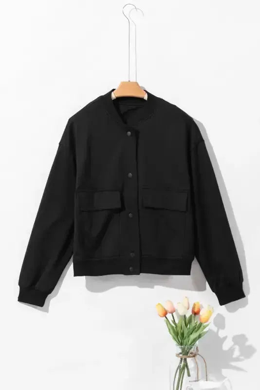 Black Big Pockets Baseball Collar Jacket - Fashionfitz