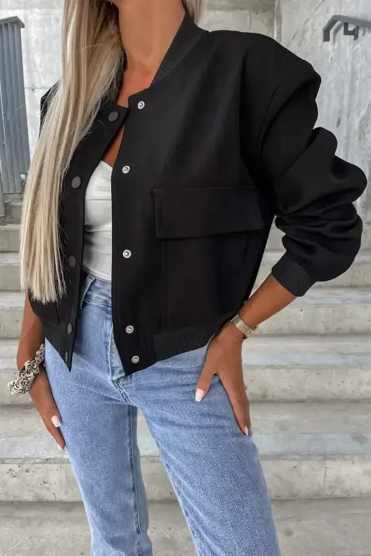 Black Big Pockets Baseball Collar Jacket - Fashionfitz