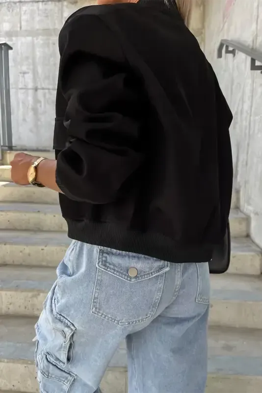 Black Big Pockets Baseball Collar Jacket - Fashionfitz