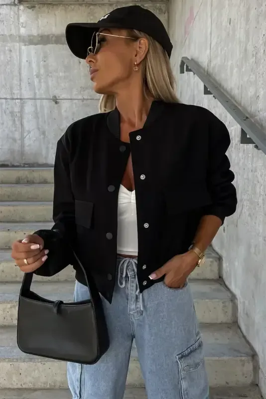Black Big Pockets Baseball Collar Jacket - Fashionfitz