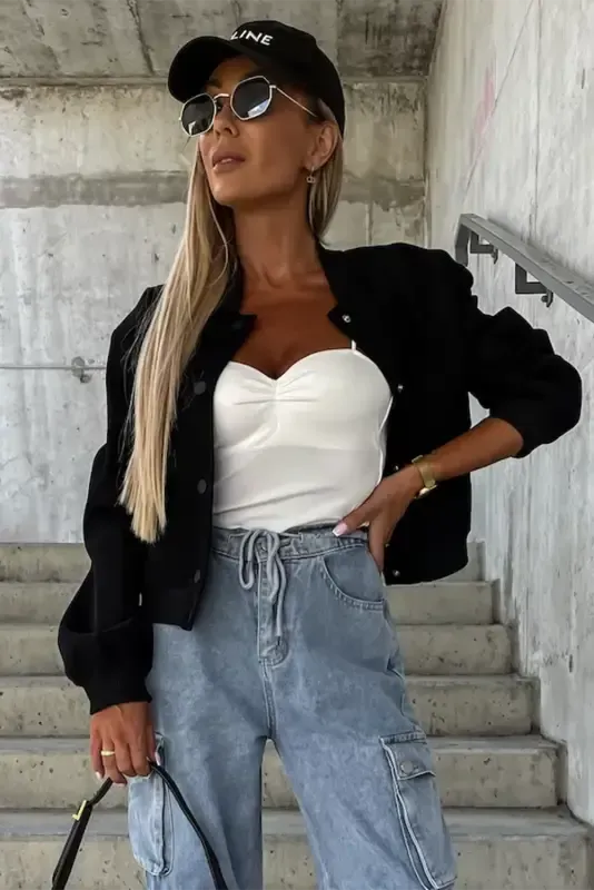 Black Big Pockets Baseball Collar Jacket - Fashionfitz