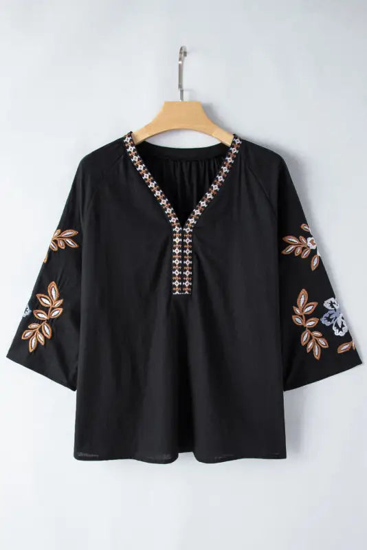 Black bohemian floral embroidered v neck blouse