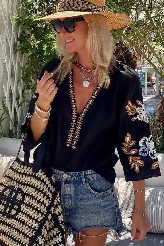 Black bohemian floral embroidered v neck blouse