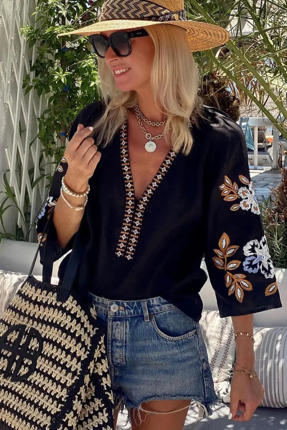 Black bohemian floral embroidered v neck blouse - tops/blouses & shirts