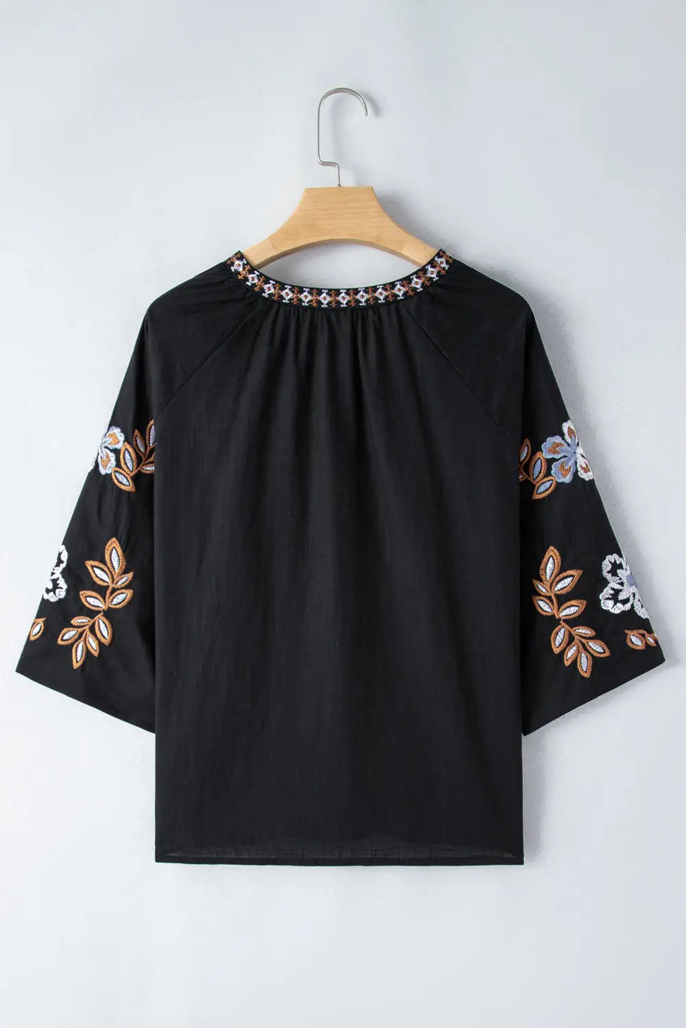 Black bohemian floral embroidered v neck blouse - tops/blouses & shirts