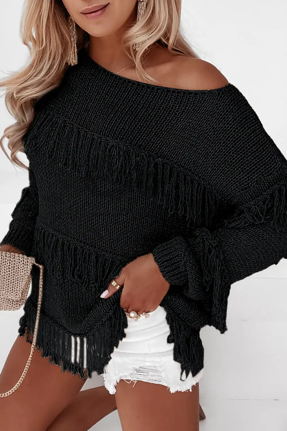 Black boho tasseled knitted sweater - s / 100% acrylic - sweaters & cardigans
