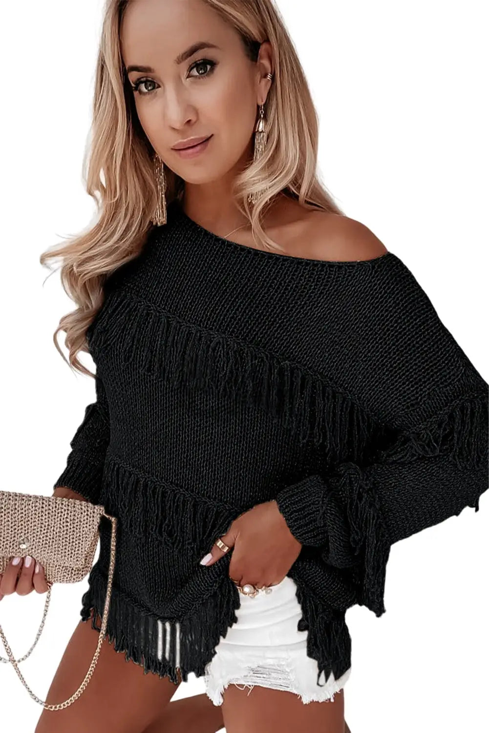 Black boho tasseled knitted sweater - sweaters & cardigans