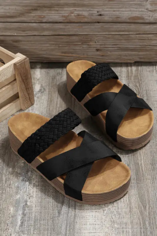 Black braided detail criss cross platform slippers