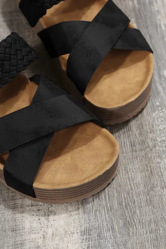 Black braided detail criss cross platform slippers